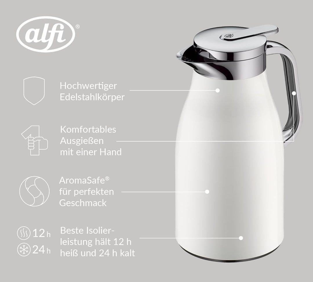 alfi SKYLINE 1,0l, coconut white mat, Edelstahl-Isolierkanne mit hygienischem Hartglaseinsatz, Drehv
