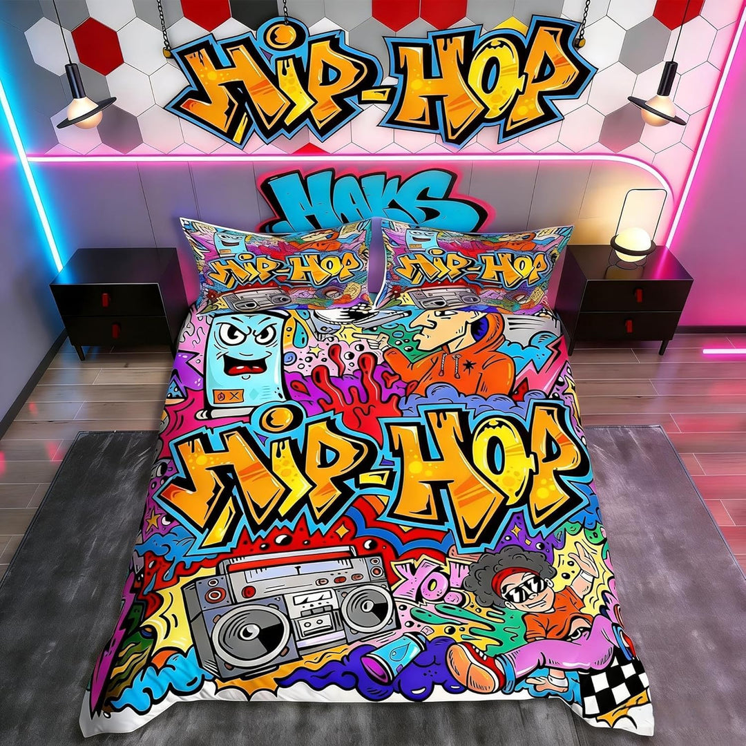 Graffiti-Bettwäsche-Set für Kinder, Hip-Hop-Thema, Radio, Rock, Jugendliche, Bettdeckenbezug, für Ju