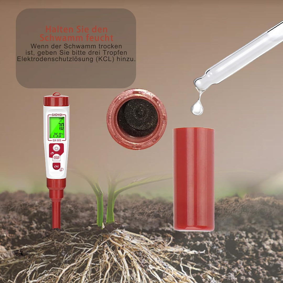 Boden pH Messgerät Sonde, pH Ersatzelektrode mit 4,0/7,0/10,0 pH Kalibrierungspulver Kit für Boden p