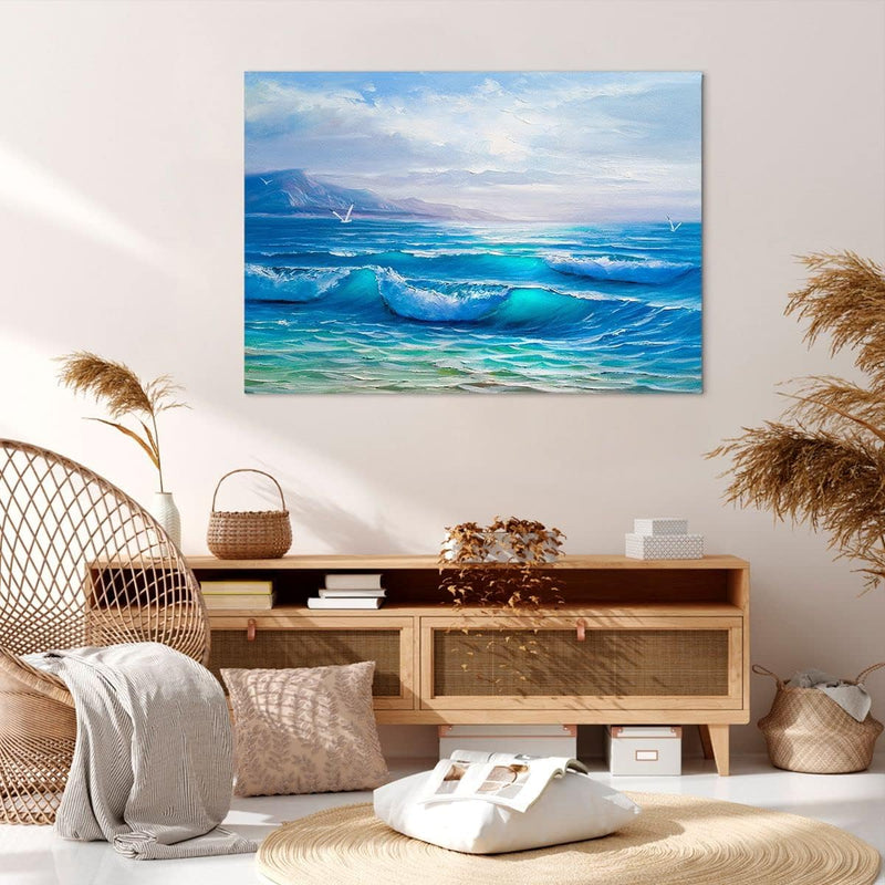 Bilder auf Leinwand 100x70cm Leinwandbild mit Rahmen Meer Welle Möwe Gross Wanddeko Bild Schlafzimme