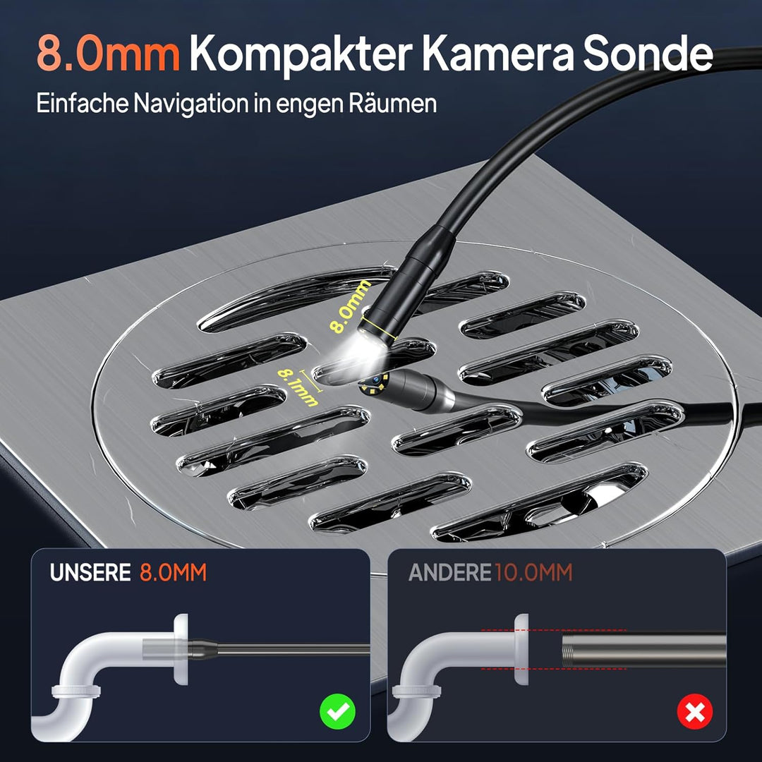 Endoskopkamera mit Licht, AOPICK 8mm IP67 wasserdichte Endoskop, 4.3" IPS Bildschirm Inspektionskame