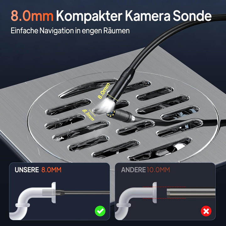 Endoskopkamera mit Licht, AOPICK 8mm IP67 wasserdichte Endoskop, 4.3" IPS Bildschirm Inspektionskame