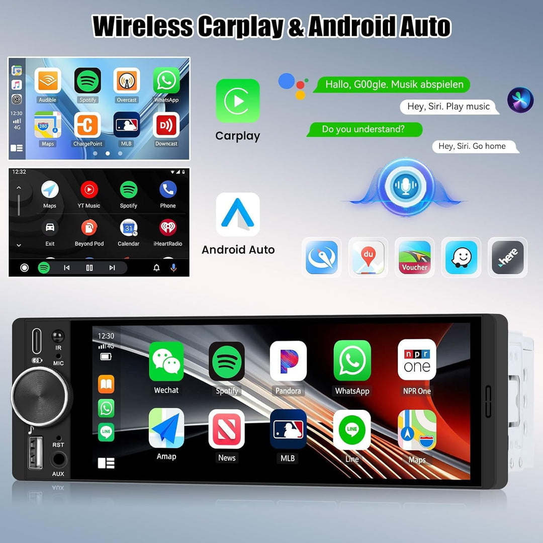 CAMECHO 6.28 Zoll HD Touchscreen Autoradio mit Drahtlos CarPlay Android Auto,1 Din Carplay Radio mit