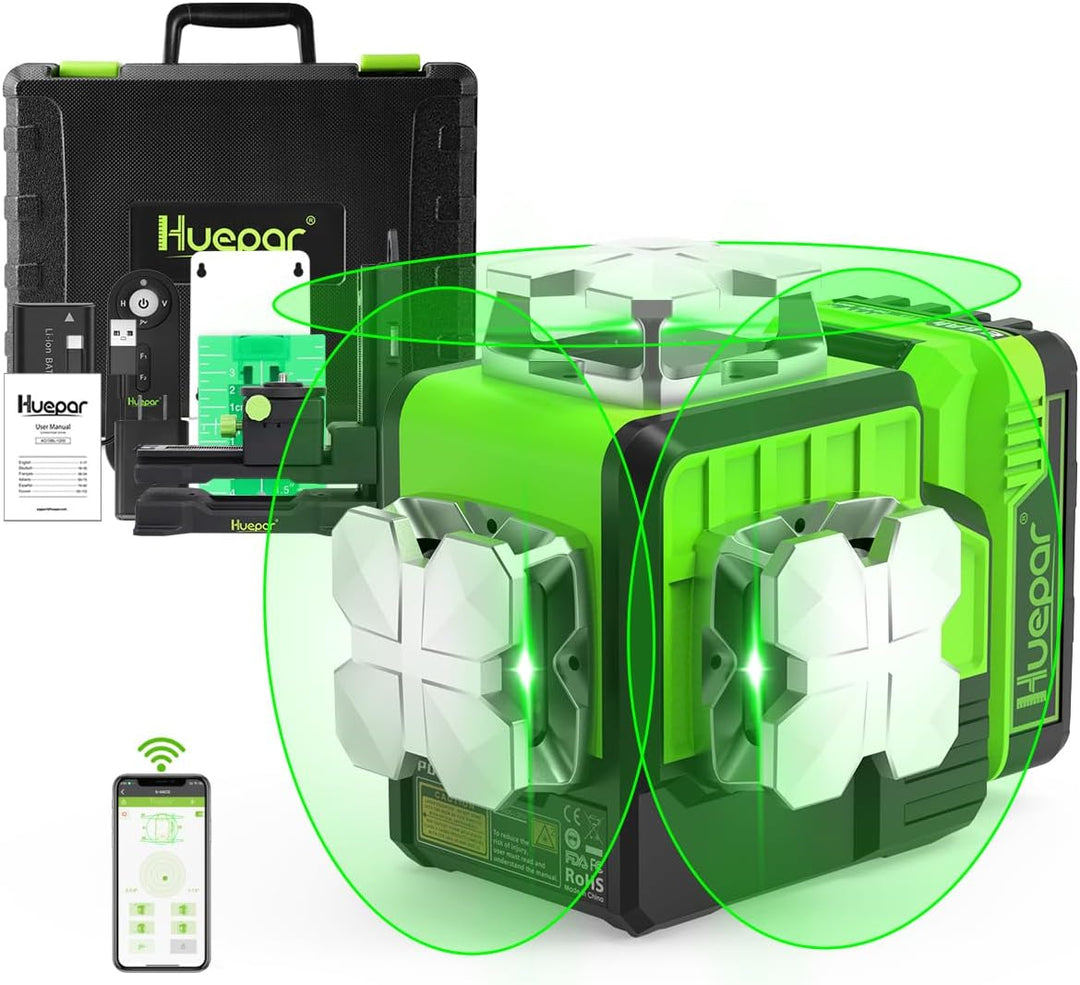 Huepar Lasernivellier Selbstnivellierend 3x360° im Freien 3D Grüner Strahl Kreuzlinien für Konstrukt