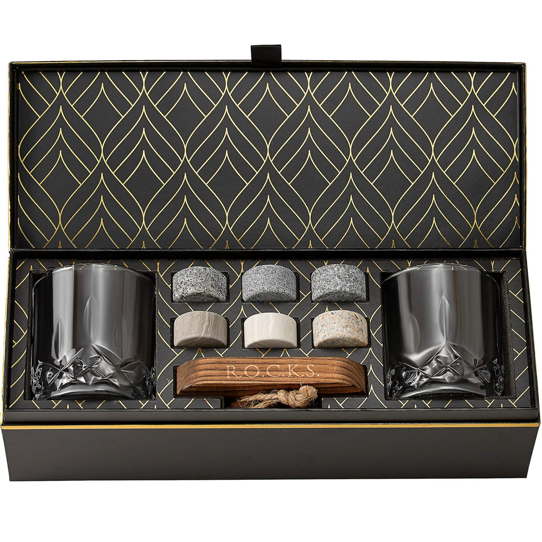 Whiskey Steine Set - 6 Handgefertigte Runde Granit Whisky Steine - 2 Kristall Whisky Gläser - Präsen