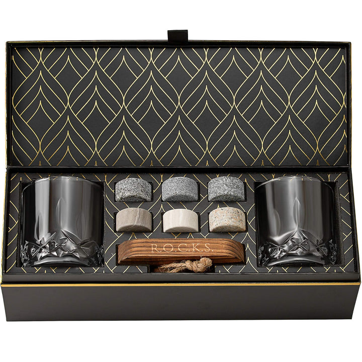 Whiskey Steine Set - 6 Handgefertigte Runde Granit Whisky Steine - 2 Kristall Whisky Gläser - Präsen