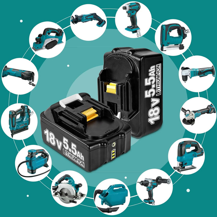 2X Akku 18V 5.5Ah Li-Ion Ersatzakku für Makita 18V, Kompatibel mit Allen Makita 18V Akku-Werkzeugen
