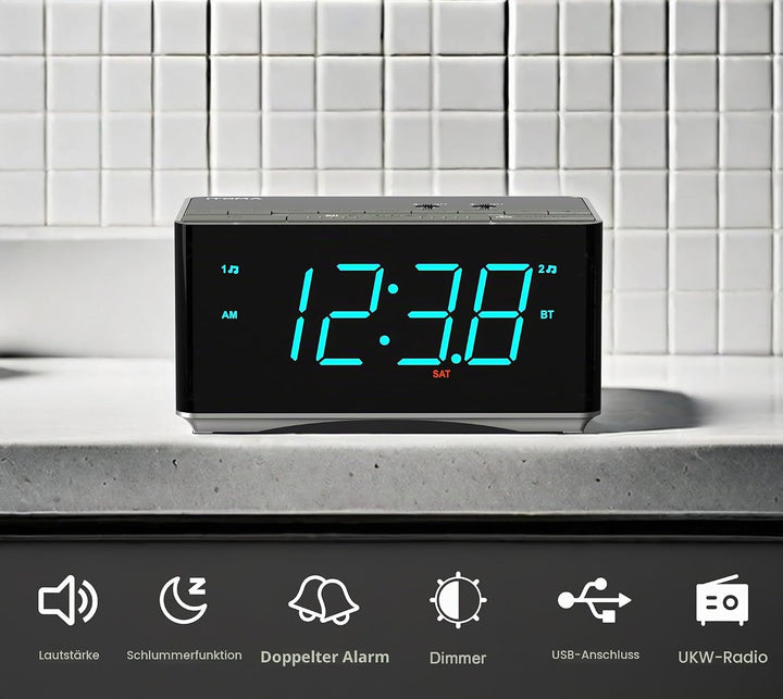 iTOMA Radiowecker，Bluetooth Stereo Lautsprecher, FM Radio, Dual Wecker, Snooze, Helligkeitsdimmer, U
