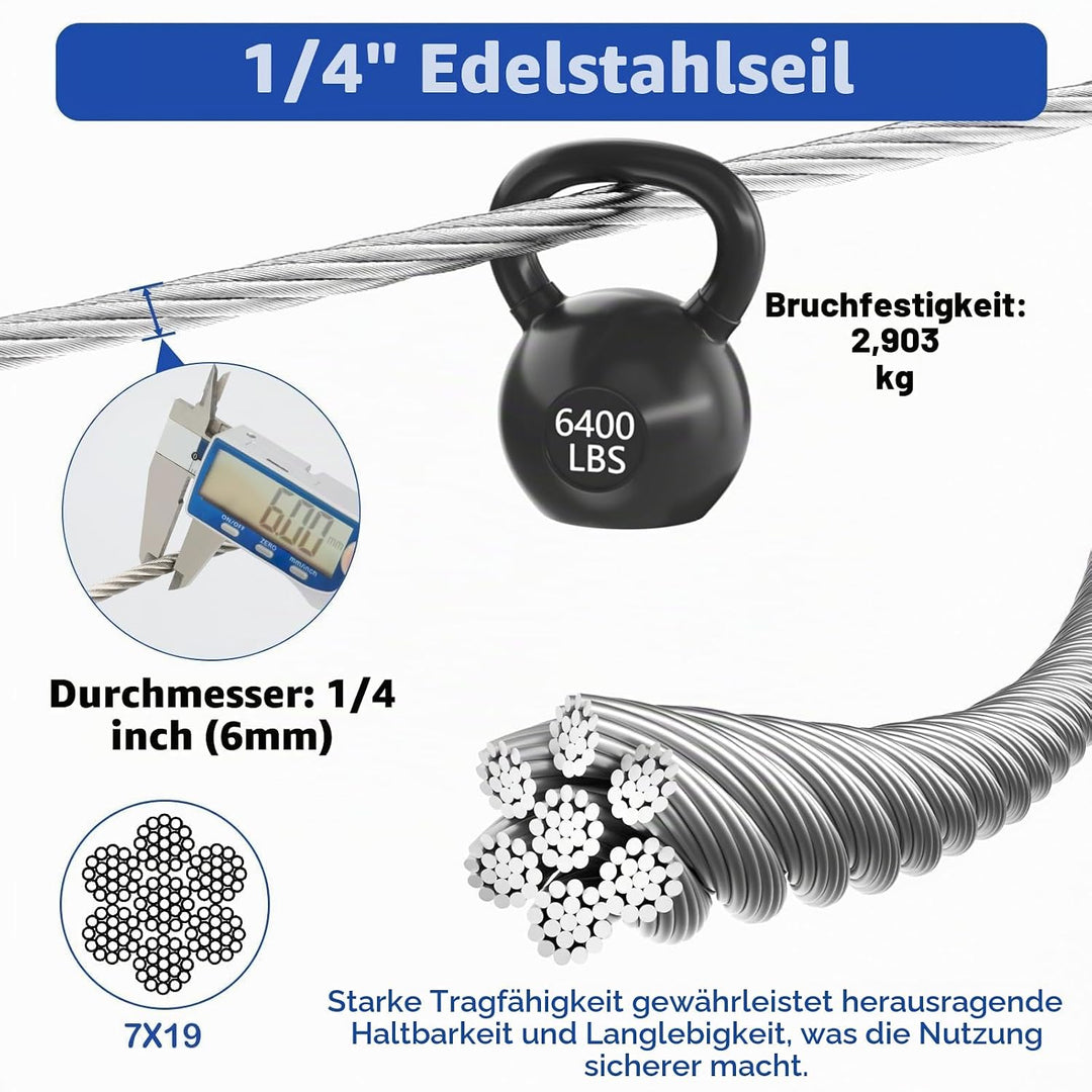 TooTaci 6mm Edelstahlseil,5M/6mm Drahtseil Edelstahl 7 * 19,Stahlseil mit ösen,M6 Drahtseilklemme,6m