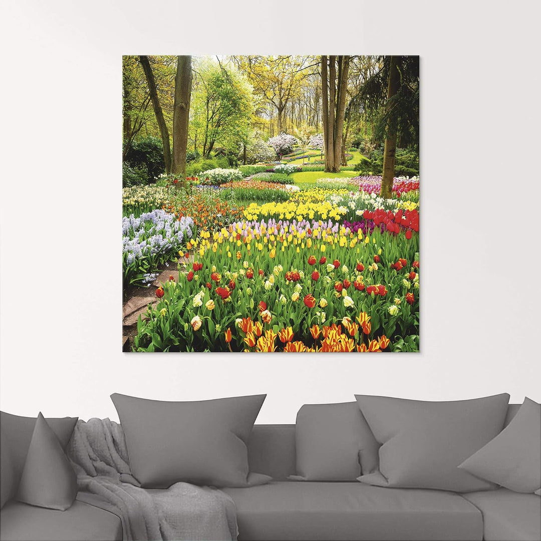 Glasbilder Wandbild Glas Bild einteilig 50x50 cm Quadratisch Blumenwiese Tulpen Blumen Frühling Natu