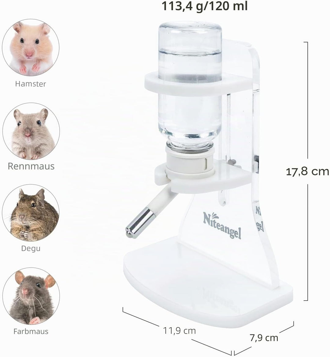 Niteangel Wasserflasche mit Ständer für syrische Zwerghamster, Gerbils, Mäuse, Ratten, Degus und kle