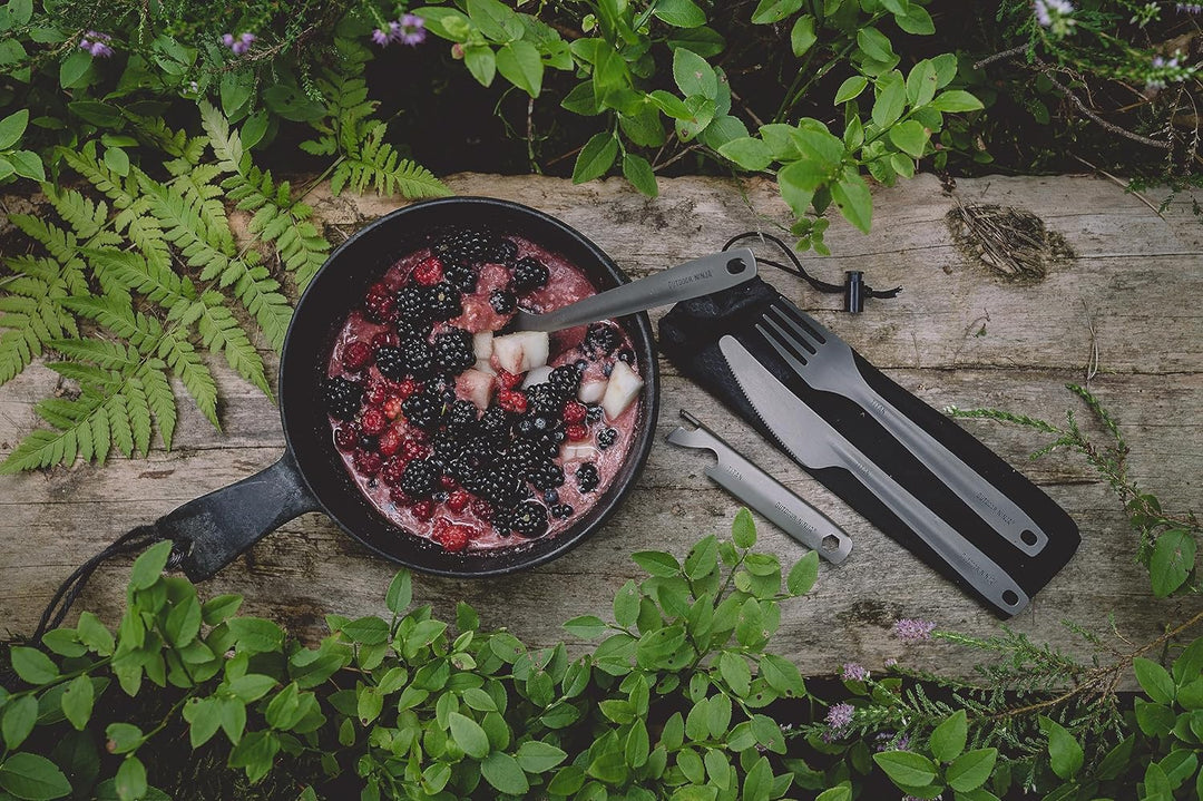 Outdoor Ninja Titan Outdoor Besteck Set besteht aus Titan Messer,Titan Gabel,Titan Löffel und Titan