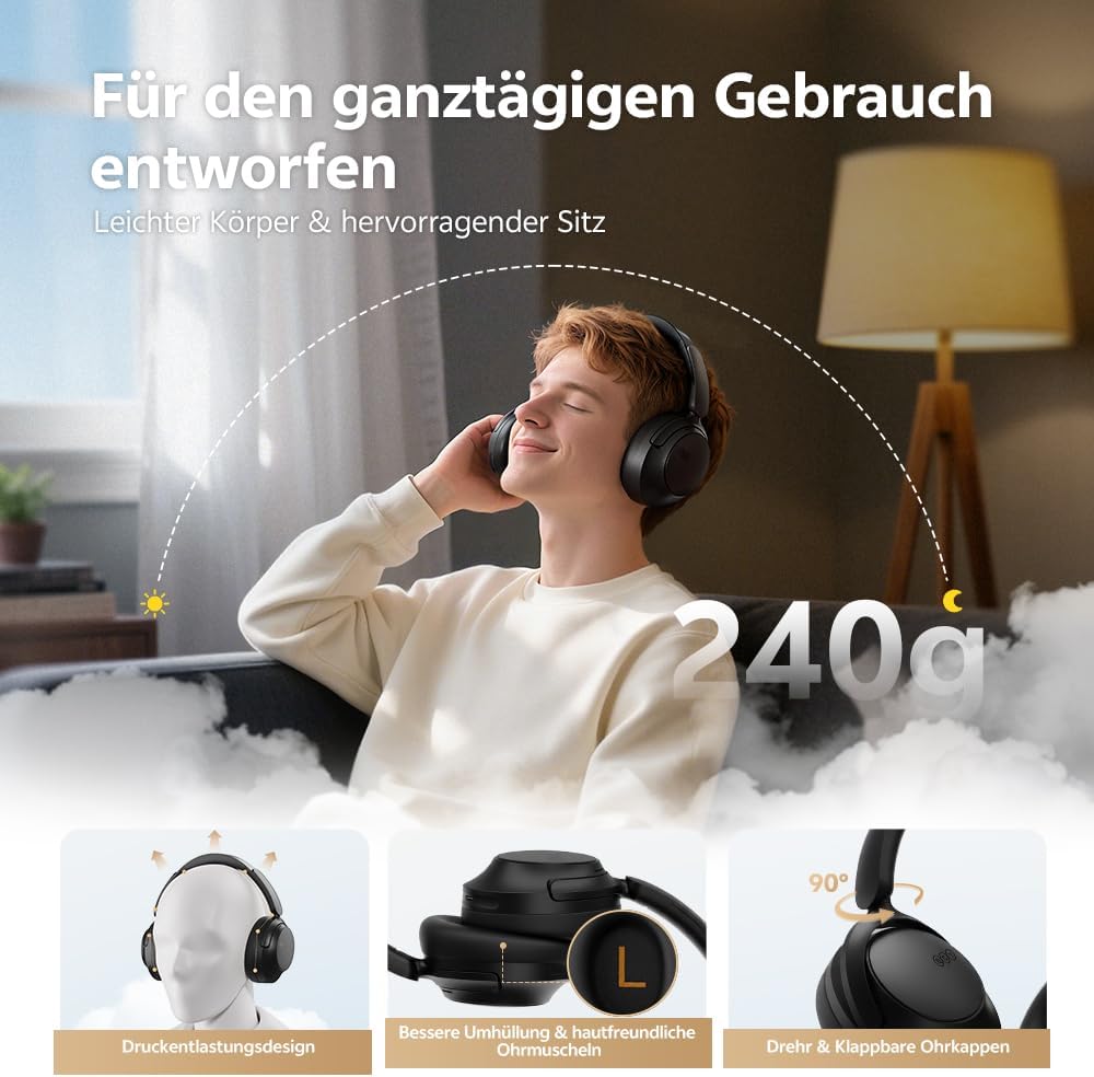 QCY H3S Over Ear Bluetooth Kopfhörer,Hybrid Aktive Noise Cancelling,Hi-Res Audio,LDAC,ultraleichtem
