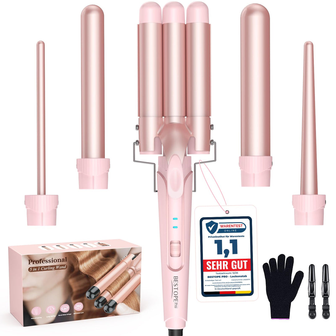 BESTOPE PRO Lockenstab set 5 in 1 Welleneisen - Lockenstäbe 3 Fässer für Grosse Keine Locken Keramik