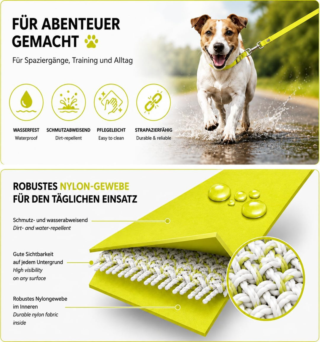 5m Schleppleine, Hundeleine, Handschlaufe, Neon-Gelb, extra schmal, schmutz- und wasserabweisend 5m,