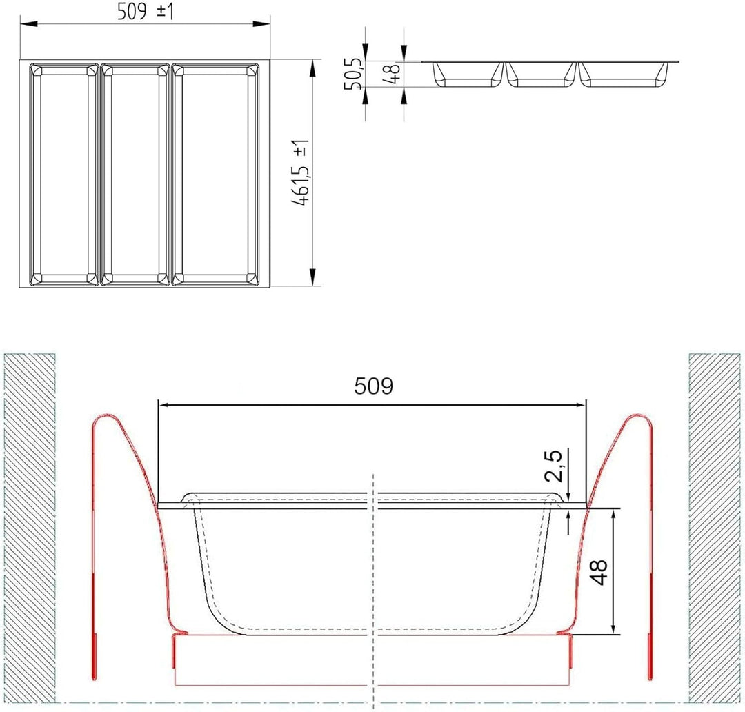 Orga-Box 2 Multifunktionseinsatz Tiefe: 461 x Breite: 509 mm silbergrau mit Canvas Struktur für 60er