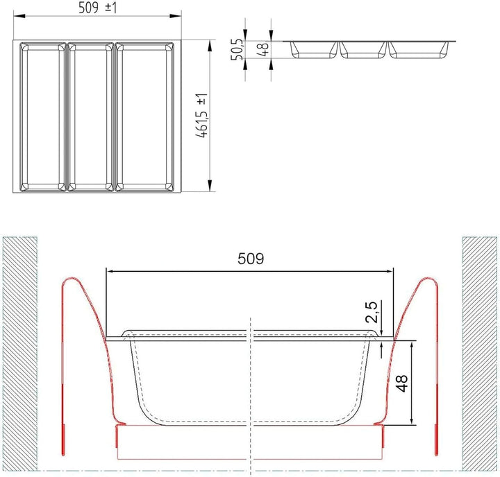 Orga-Box 2 Multifunktionseinsatz Tiefe: 461 x Breite: 509 mm silbergrau mit Canvas Struktur für 60er