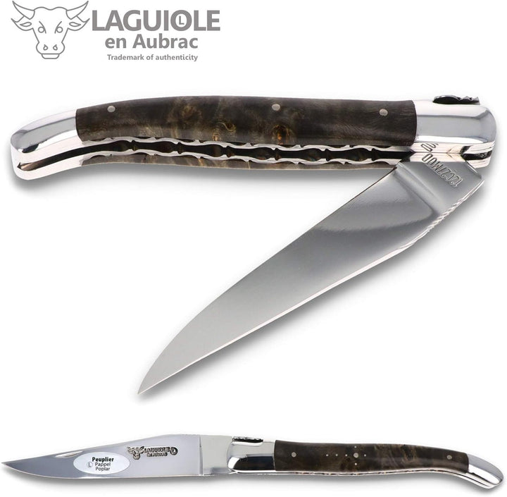 Laguiole en Aubrac Taschenmesser - Griff dunkle Pappel Maserknolle - 12 cm - Doppelplatine - Klinge