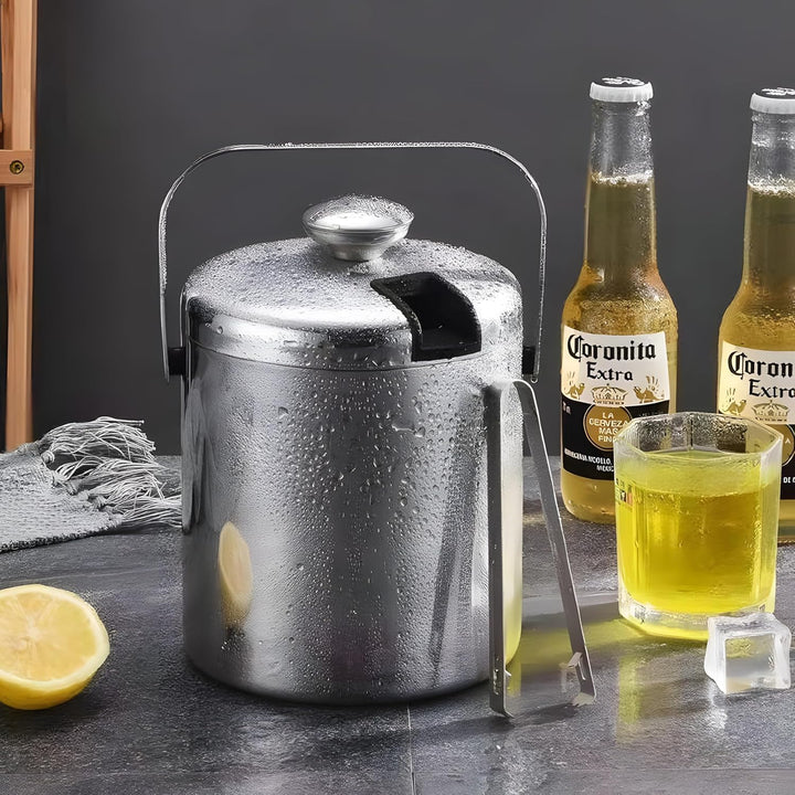 Retoo Eiskübel mit Deckel und Zange, 1,3 Liter Eiseimer für Eiswürfel, Eiswürfelbehälter Doppelwandi