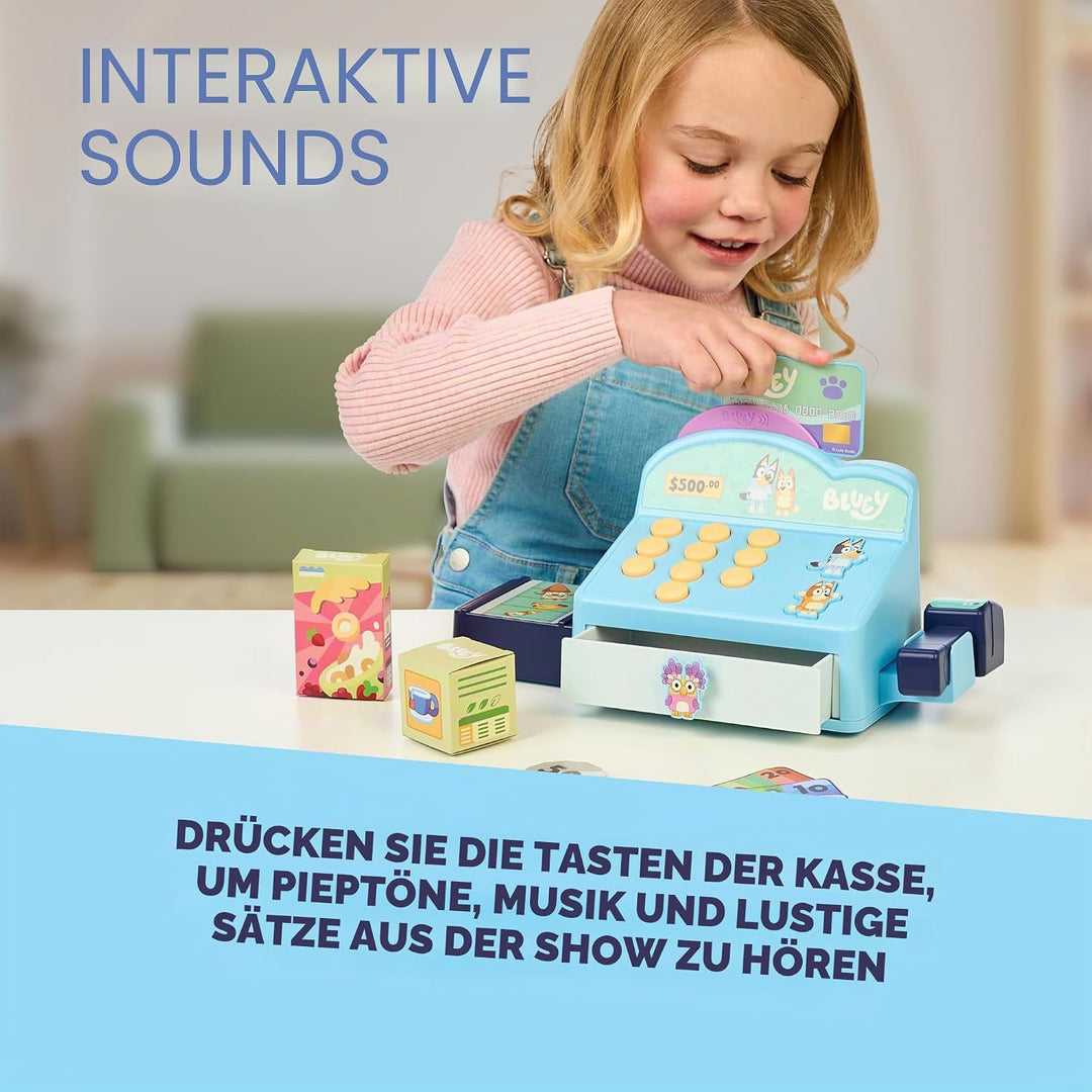 Bluey – Kasse. Drücke auf die Knöpfe, um Pieptöne, Geräusche und Sätze von Bluey und Bingo abzuspiel