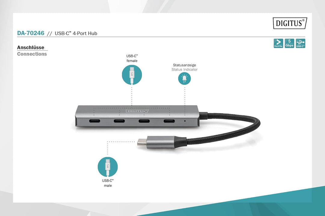 DIGITUS DA-70246 – USB Hub – 4-Port USB 3.2 Gen 1 Hub Typ C – Superspeed Datenübertragung bis 5 Gbit