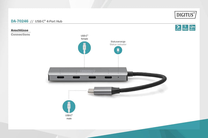 DIGITUS DA-70246 – USB Hub – 4-Port USB 3.2 Gen 1 Hub Typ C – Superspeed Datenübertragung bis 5 Gbit