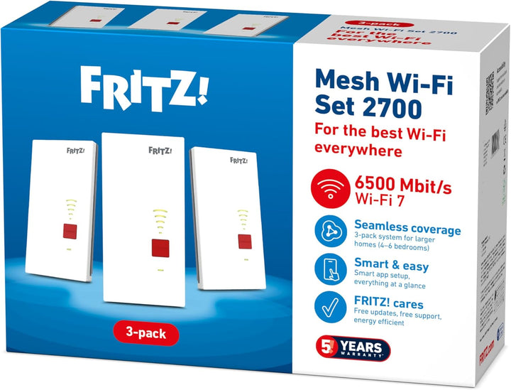 FRITZ! Mesh Set 2700 (3er Set) | ultraschnelles WLAN 7 mit bis zu 6.500 Mbit/s | WLAN-Abdeckung 5-7