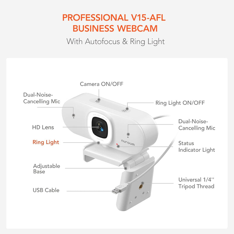 Nuroum V15-AFL Webcam mit Ringlicht, Autofokus 1080P 60fps PC Kamera mit Mikrofon, 75°Sichtfeld/Raus