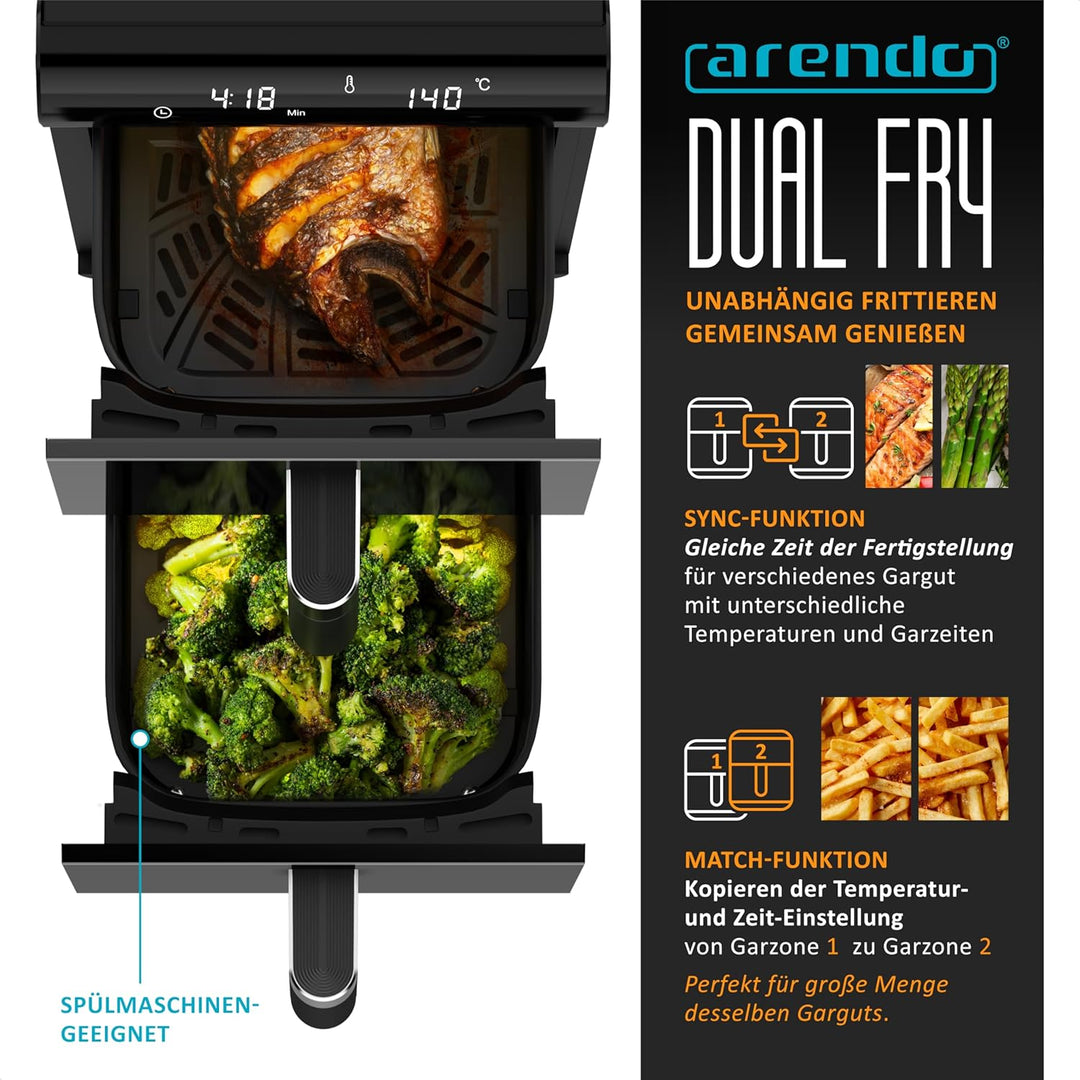 Arendo - Heissluftfritteuse XXL Dual Zone 2 Kammern – 11,4L Kapazität – 2 Zonen – Airfryer Doppelkam