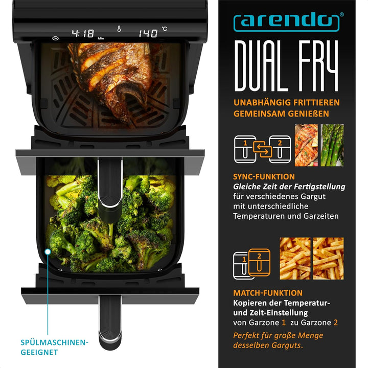 Arendo - Heissluftfritteuse XXL Dual Zone 2 Kammern – 11,4L Kapazität – 2 Zonen – Airfryer Doppelkam