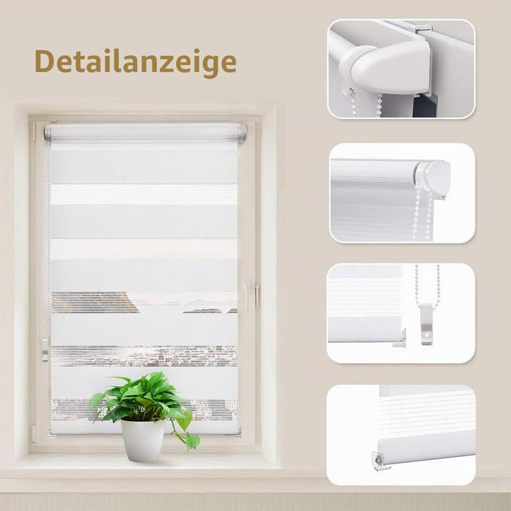 OBdeco Doppelrollo Duo Rollo Klemmfix ohne Bohren B80cm x H150cm(Stoffbreite 76 cm) Weiss für Fenste