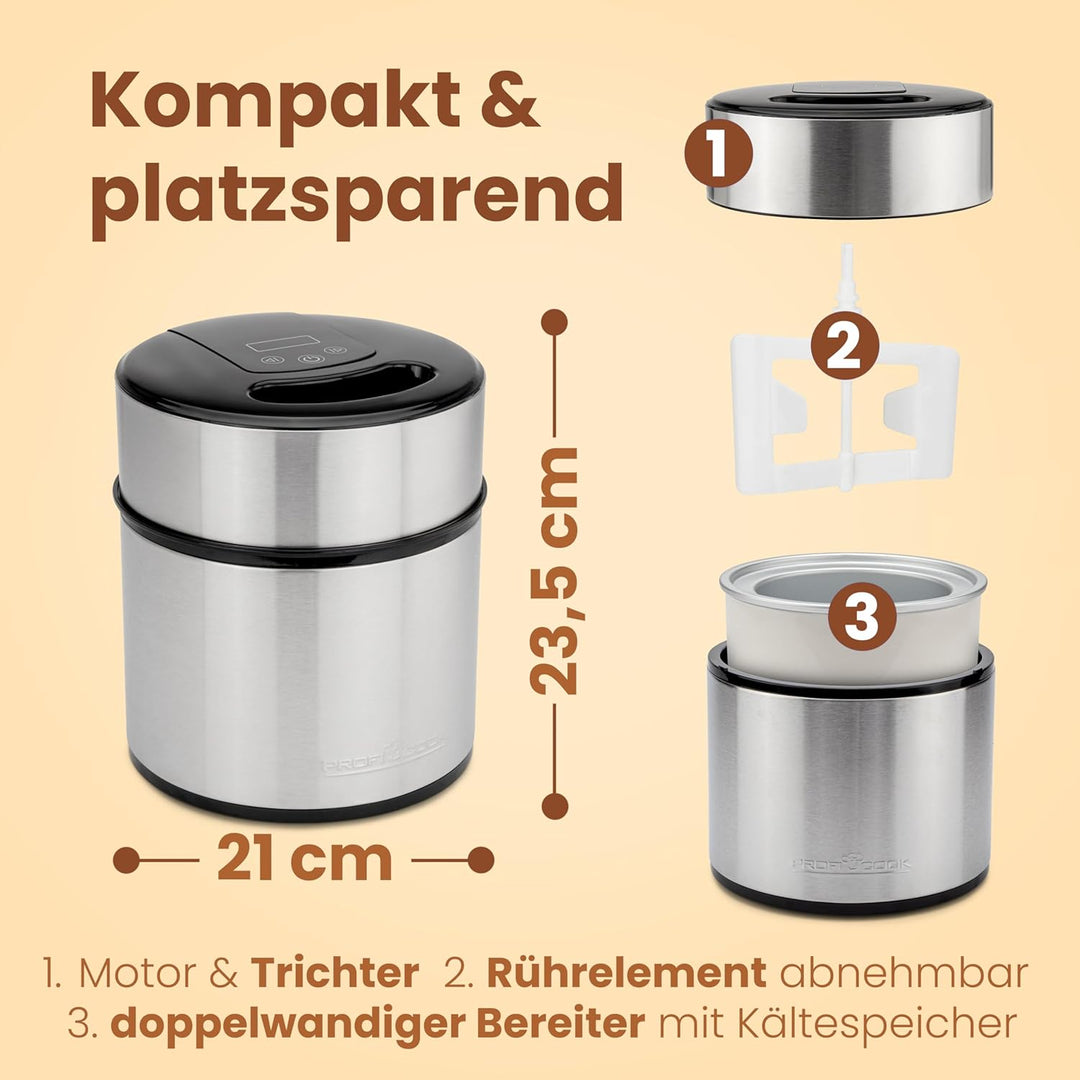 Profi Cook Eismaschine PC-ICM 1140 Eiscreme-Maker für Speiseeis, Frozen-Joghurt und Sorbet, inkl. Re