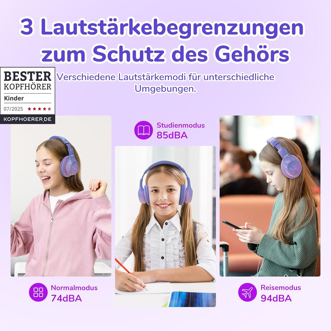 EarFun Bluetooth Kopfhörer Kinder, 5 LED-Beleuchtungsmodi, 74/85/94 dBA Lautstärkebegrenzung, 90 Std