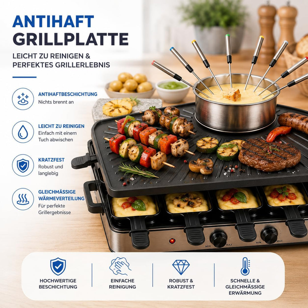 8 Personen Set Raclette - Mit Grillplatte & Steinplatte Funktion - Tischgrill inkl. Pfännchen & Scha
