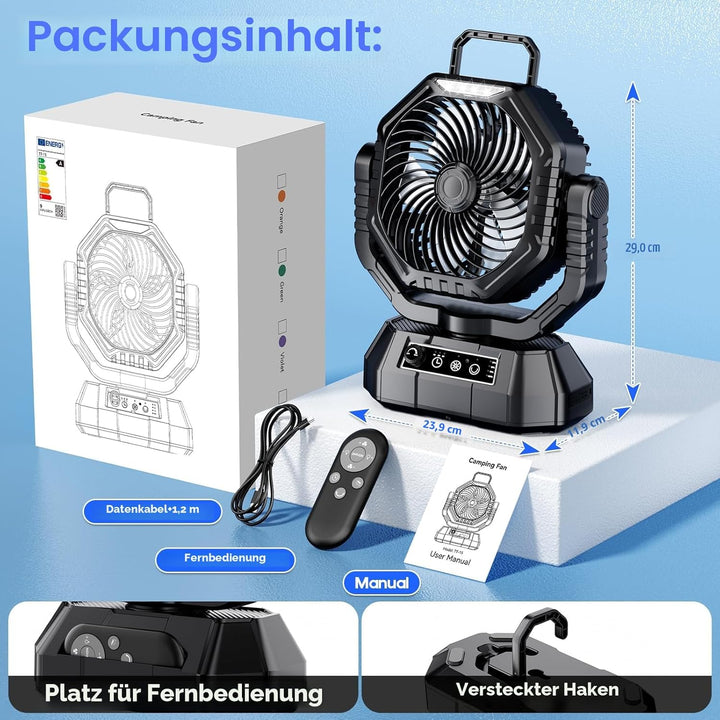 AJVV Camping Ventilator mit akku 20000mAh, Akku Ventilator mit Fernbedienung/LED Licht/270° Drehung,
