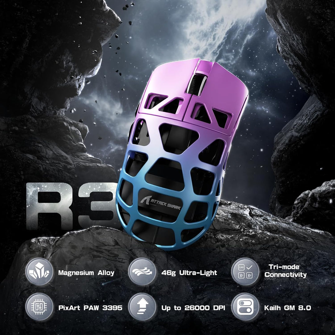 ATTACK SHARK R3PRO 46g Superlight Magnesiumlegierung Maus, 8000Hz Kabellose Abfragerate, 26000 DPI,