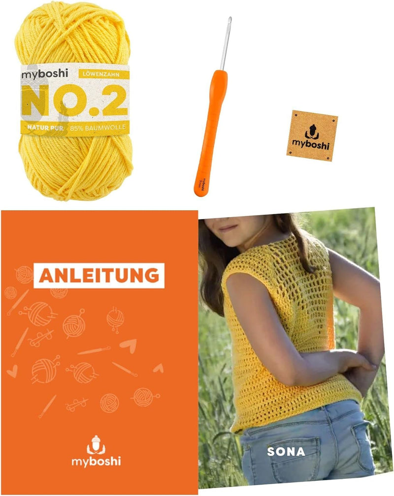 myboshi Häkelset T-Shirt Sona, inkl No. 2 Wolle, Häkelnadeln, Anleitung, original Label, Häkelpaket,