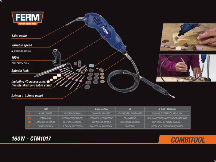 FERM Combitool 160W – Multifunktionswerkzeug mit Tischständer, flexibler Welle und 40 Zubehörteilen,