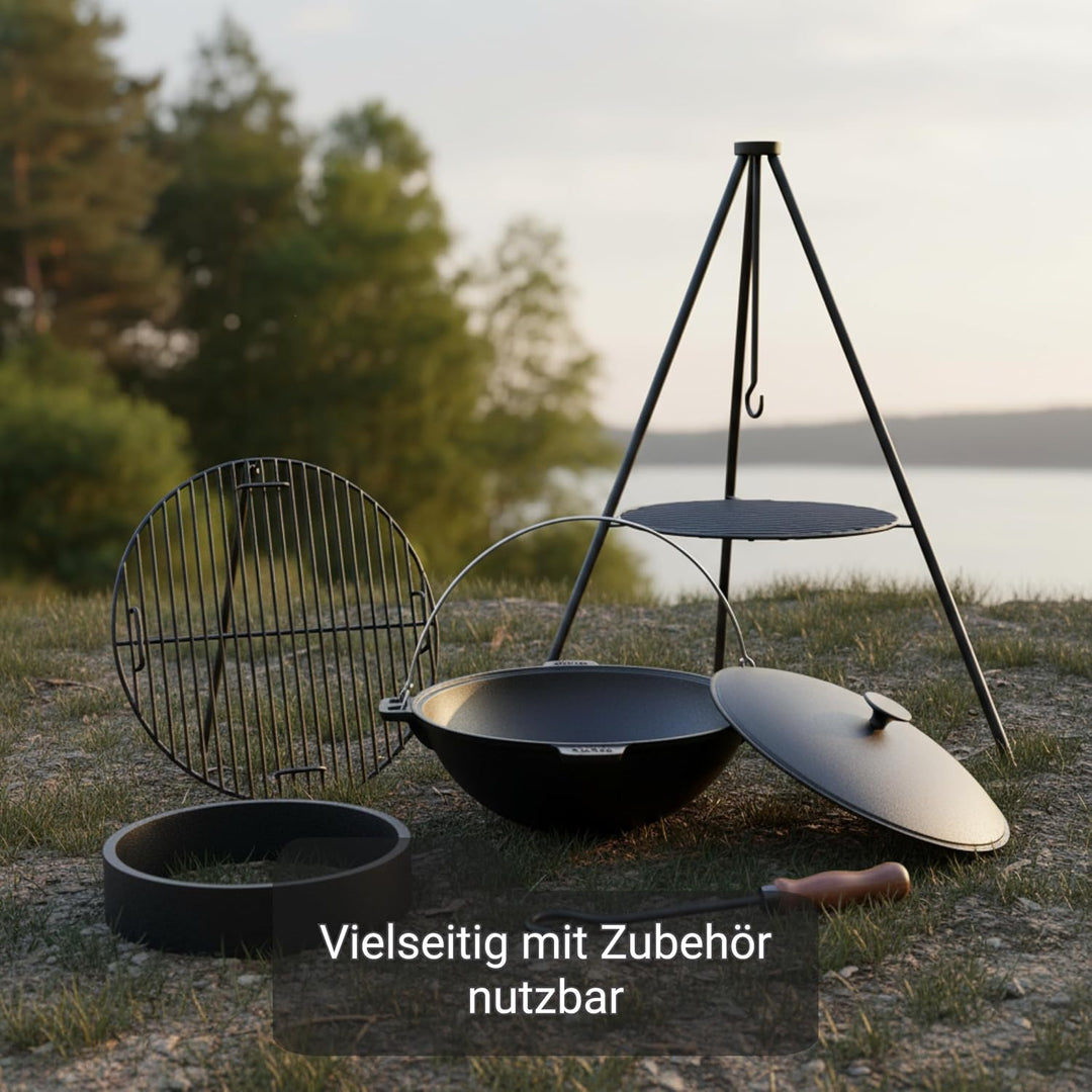 BIOL Gusseisen Kessel (Kazan) 9 Liter mit Bügel und Gusseisen Deckel, vier Griffe, Schmortopf zum Ko