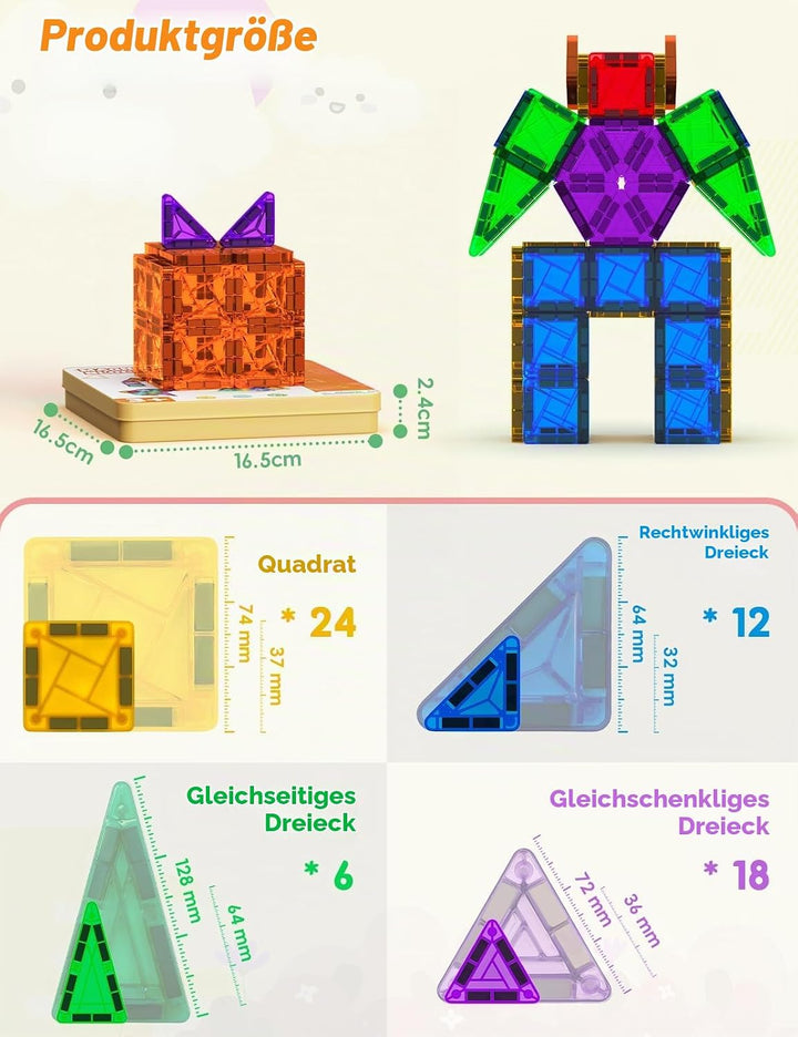 Magnetische Fliesen 60 Stück, Mini Magnetbausteine ReiseSet, Magnetbausteine für Kinder Kreatives Sp