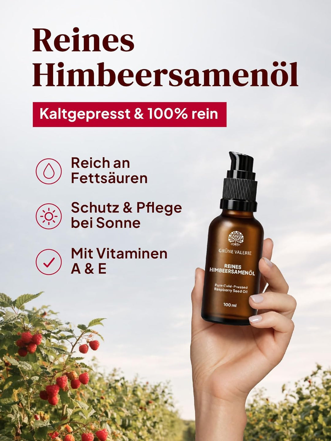 Grüne Valerie 100% Reines Himbeersamenöl 100 ml – Kaltgepresstes Himbeerkernöl für natürliche Hautpf