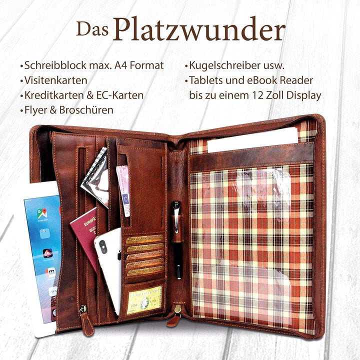 Corno d´Oro Premium Handgefertigte Konferenzmappe A4 Leder für Tablet bis 12 Zoll/Business Dokumente