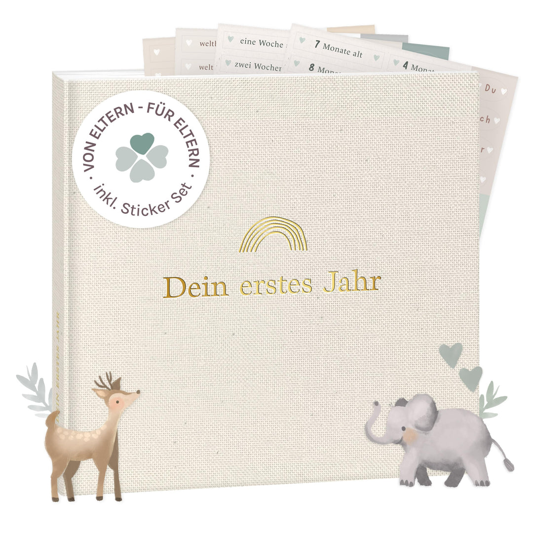 mintkind® Mein erstes Jahr Babyalbum Beige Leinen – zeitloses Babytagebuch mit 176 Seiten und Sticke
