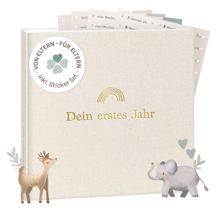 mintkind® Mein erstes Jahr Babyalbum Beige Leinen – zeitloses Babytagebuch mit 176 Seiten und Sticke