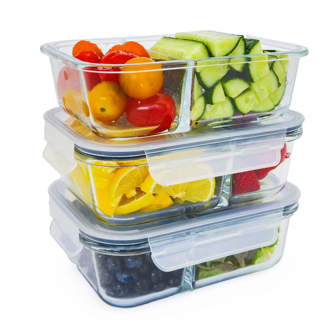 Eaze Life 3er-Set Meal Prep Box inkl. Deckel | Glas Frischhaltedosen | 2-fach mit Trennwand | luftdi