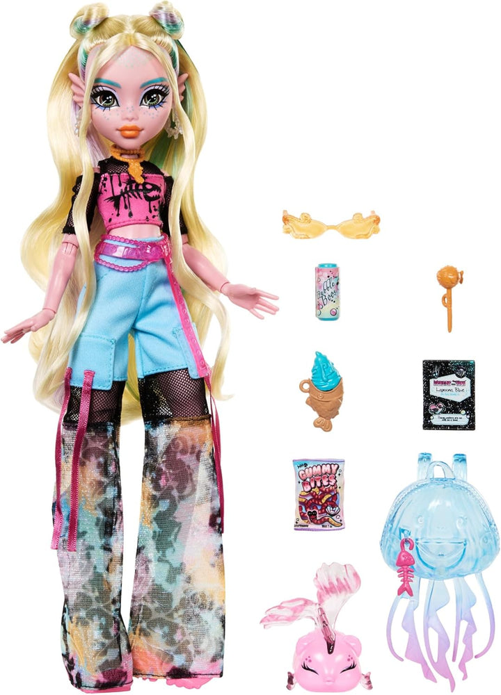 Monster High Lagoona Blue Puppe in Mesh-T-Shirt und Cargohose mit Haustierfisch Neptuna und Accessoi