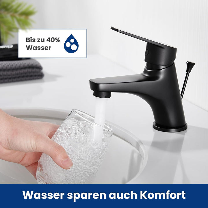 CECIPA Wasserhahn Bad Schwarz, Waschtischarmatur mit Zugstange und Ablaufgarnitur, Mischbatterie Was