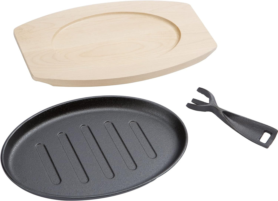 Servierpfannen aus Gusseisen extra Gross mit 27cm – Grillpfännchen inkl FSC Holzuntersetzer 32cm – S