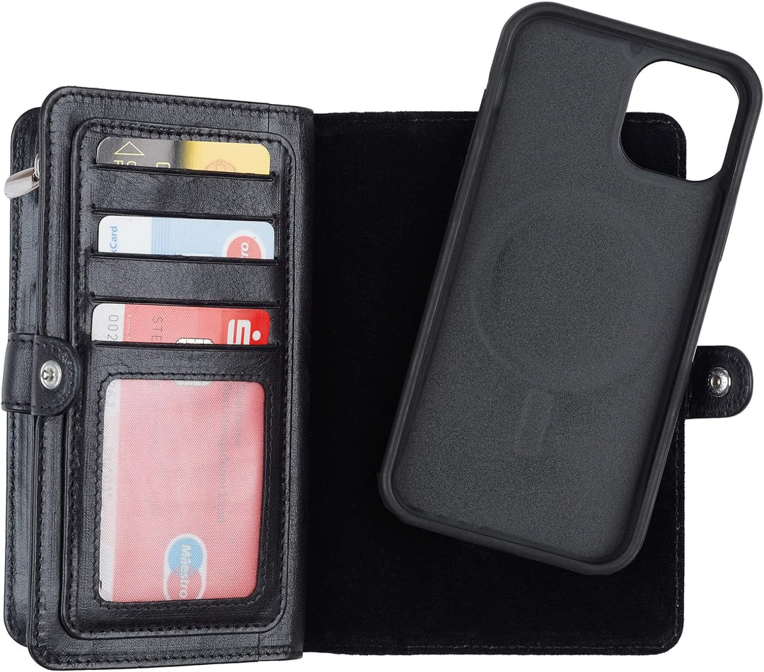 HANS/SON iPhone 13 Lederhülle mit Geldbörse | 2-in-1 Handyhülle in Schwarz aus Echtleder | iPhone 13