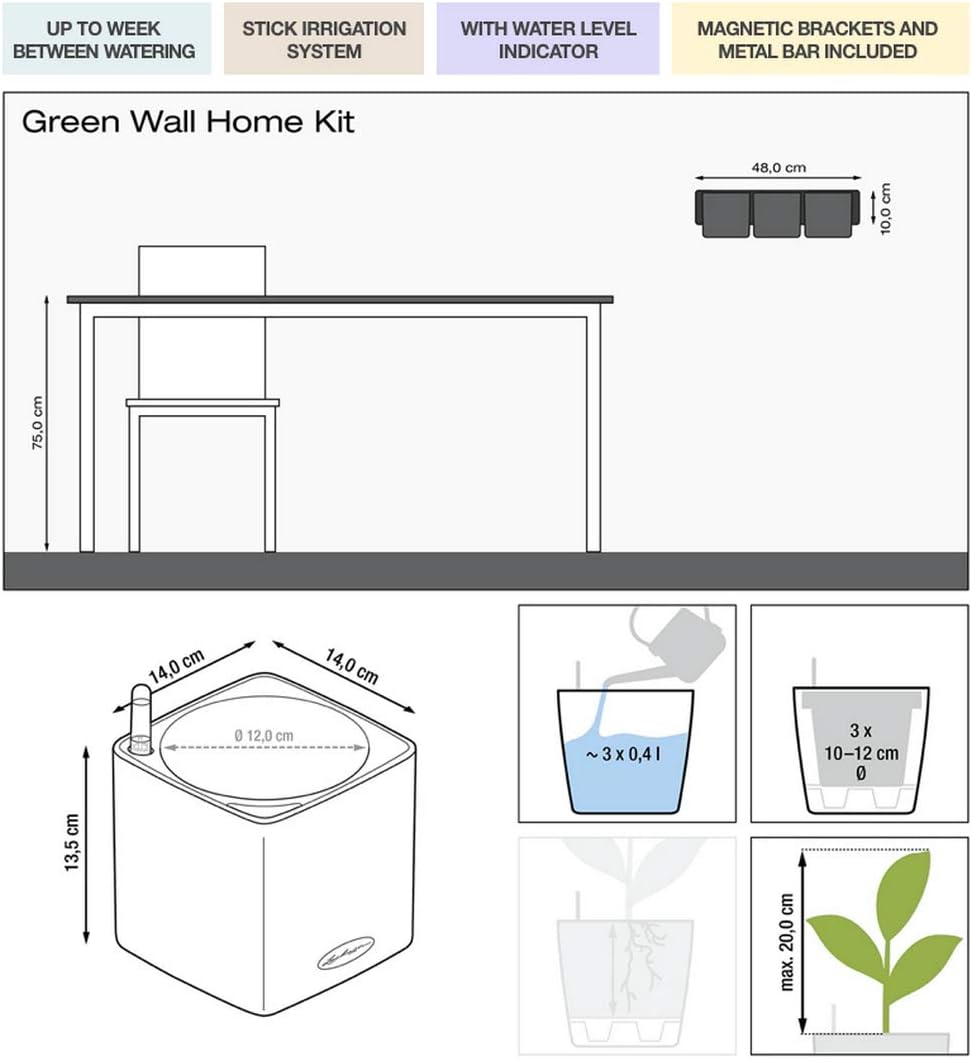 LECHUZA CUBE Glossy Green Wall Home Kit anthrazit highgloss 13524 48x14x10 cm Anthrazit Highgloss, 4